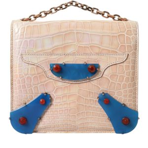 Beige Blue Agate Exotic Leather Gold Chain Purse Bag