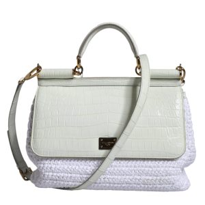 White Rafia Leather Top Handle Crossbody Bag