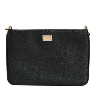 Black Grain Leather Logo Plaque Clutch Bag