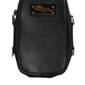 Black Grain Leather Logo Plaque Clutch Bag