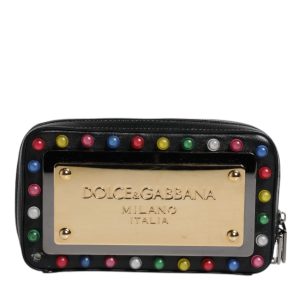 Black Leather LED Logo Wrist Strap Clutch Bag
