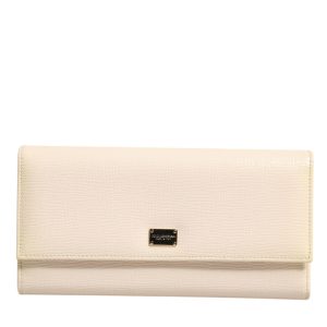 Beige Leather Trifold Logo Plaque Card Holder Wallet