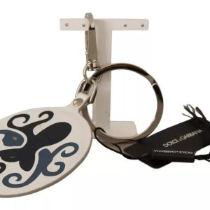 White Leather Printed Metal Silver Tone Keyring Keychain