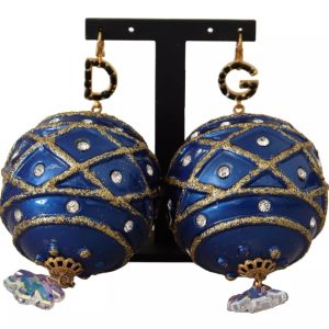 Gold Brass Blue Christmas Ball Crystal Hook Jewelry Earrings