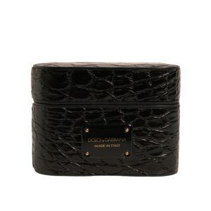 Black Leather Metal Logo Plaque Holder Airpods Case