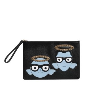 Black Leather #DGFAMILY Embellished Men Zip Pouch Bag