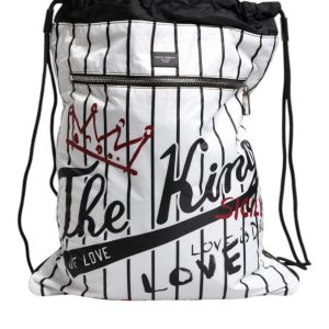 Black White Striped Polyester Drawstring Bag