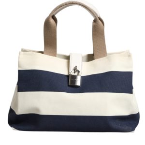 White Navy Striped Canvas Top Handle Tote Tote Bag