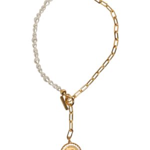 Gold Chain Brass Faux Pearl Charm Logo Pendant Necklace