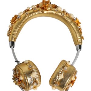 Gold Leather Floral Crystal Angel Headset Headphones