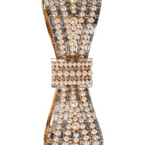 Gold Tone Brass Bow Crystal FauxPearl Embellished Brooch