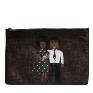 Brown Leather #DGFAMILY Embellished Men Clutch Pouch Bag
