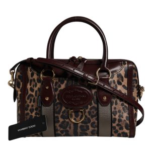 Brown Leopard Leather Shoulder Strap Duffle Bag