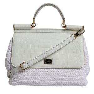 White Rafia Leather Top Handle Crossbody Bag