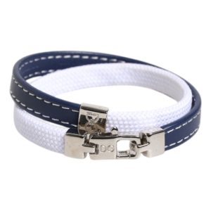 Blue White Leather Trimmed DG Engraved Silver Tone Clasp Bracelet
