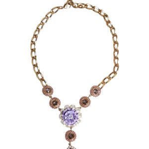 Gold Brass Floral Crystals Pearl Embellished Necklace