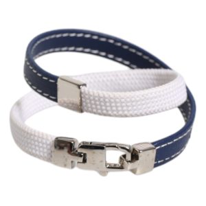 Blue White Leather Trimmed DG Engraved Silver Tone Clasp Bracelet