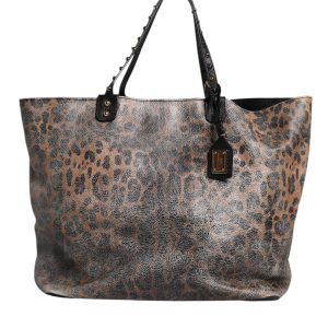 Brown Leopard BEATRICE Leather Logo Plaque Tote Bag