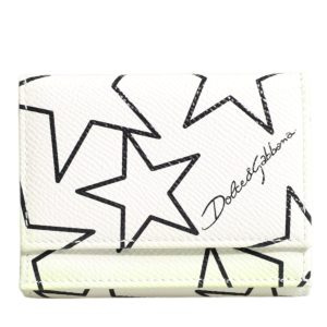 White Leather Trifold DG Star Print Card Holder Wallet