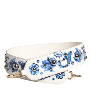 White Blue Floral Leather Stud Shoulder Strap