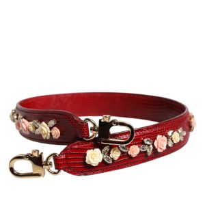 Red Leather Floral Embellish Bag Shoulder Strap