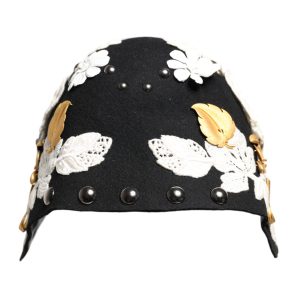 Black Wool White Floral Gold Leaf Cloche Hat