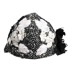 Black Wool White Floral Embellished Cloche Hat