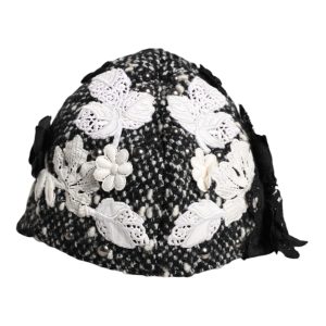 Black Wool White Floral Embellished Cloche Hat