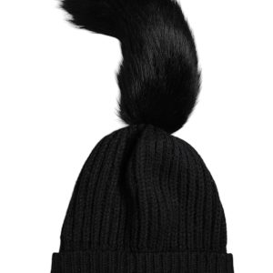 Black Acrylic Knitted Fur Winter Beanie Hat