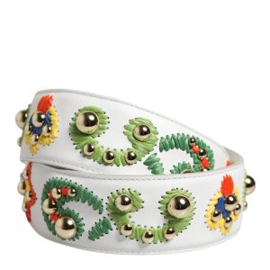 White Calfskin Raffia Embroidered Patchwork Shoulder Strap