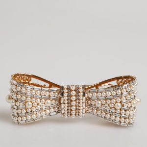 Gold Tone Brass Bow Crystal FauxPearl Embellished Brooch