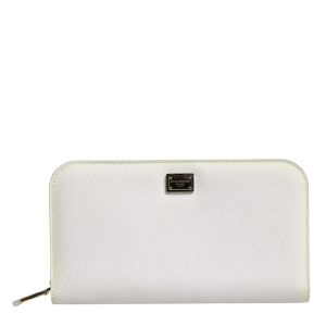White Leather Logo Plaque Zip Around Continental Wallet