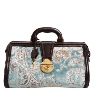 Blue Brown Leather Floral Jacquard Travel Handbag Bag