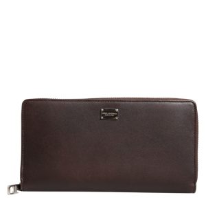 Brown Calfskin Leather Logo Zip Around Continental Wallet