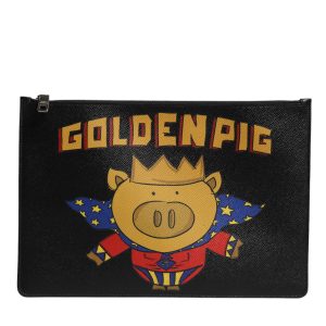 Black Leather Golden Pig Print Men Clutch Pouch Borse Bag
