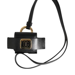 Black Leather Strap Gold Metal DG Logo Plaque Airpods Case