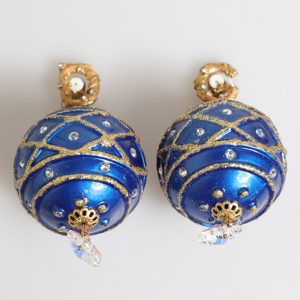 Gold Brass Blue Christmas Ball Crystal Drop Clip On Earrings