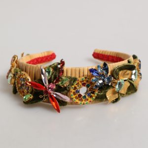 Multicolor Crystal Floral Gold Green Velvet Crown Headband