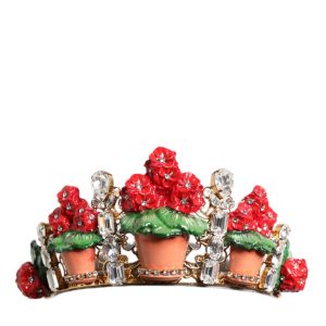 Red Floral Flowerpot Crystal Gold Crown Tiara Headband
