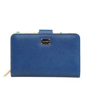 Blue Leather Continental Tile Print Zip Card Holder Purse Wallet