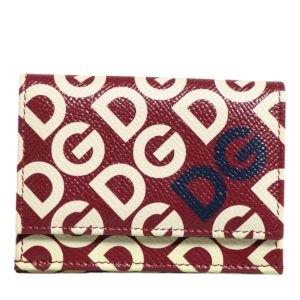 Burgundy Logo Print Calf Leather French Flap Card Holder Wallet