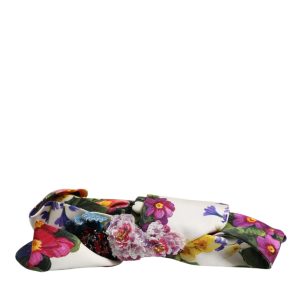 White Multicolor Floral Silk Bow Crystal Embellished Headband