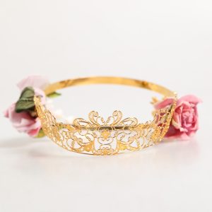 Gold Floral Tiara Pink Roses Crystal Crown Headband