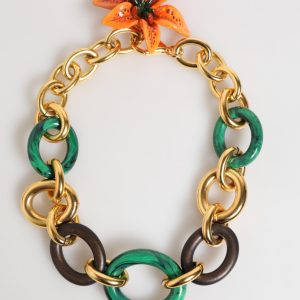 Multicolor Gold Brass Tiger Lily Floral Chai Necklace