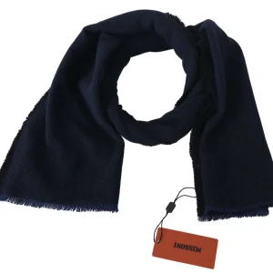Dark Blue Wool Unisex Neck Wrap Fringes Logo Scarf