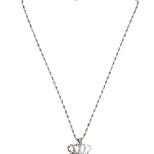 Silver Tone Brass Chain Crown Crystal Pendant  Necklace